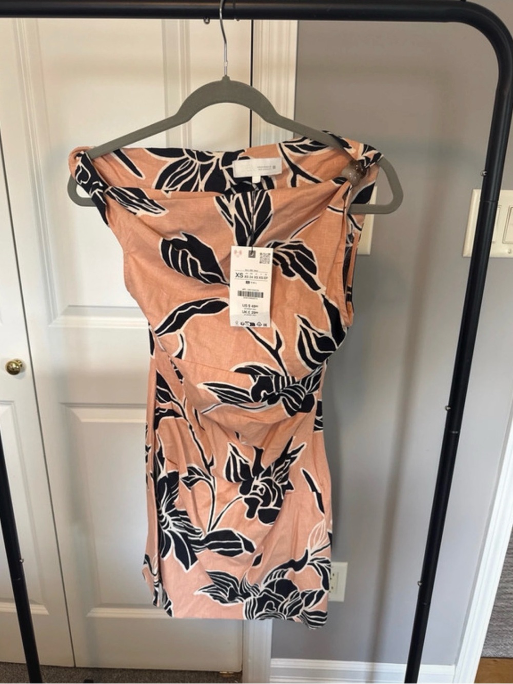 Zara Peach and Black Floral Asymmetrical Dress